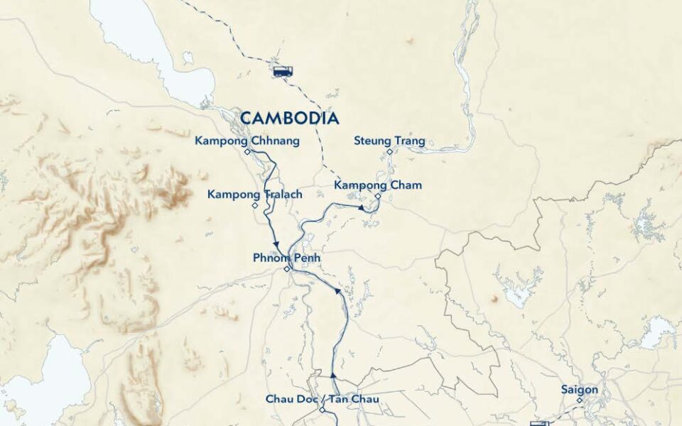 Route map of main & reverse Vietnam & Cambodia: Along The Mekong River, Including Angkor & Saigon Southeast Asia small ship cruise, operating between Siem Reap, Cambodia & Saigon, Vietnam, with visits to Angkor Wat, Kampong Cham, Wat Hanchey or Koh Dach & Angkor Ban, Kampong Chhnang & Kampong Tralach, Phnom Penh, Tan Chau or Chau Doc, Sadec, Cai Be & My Tho.