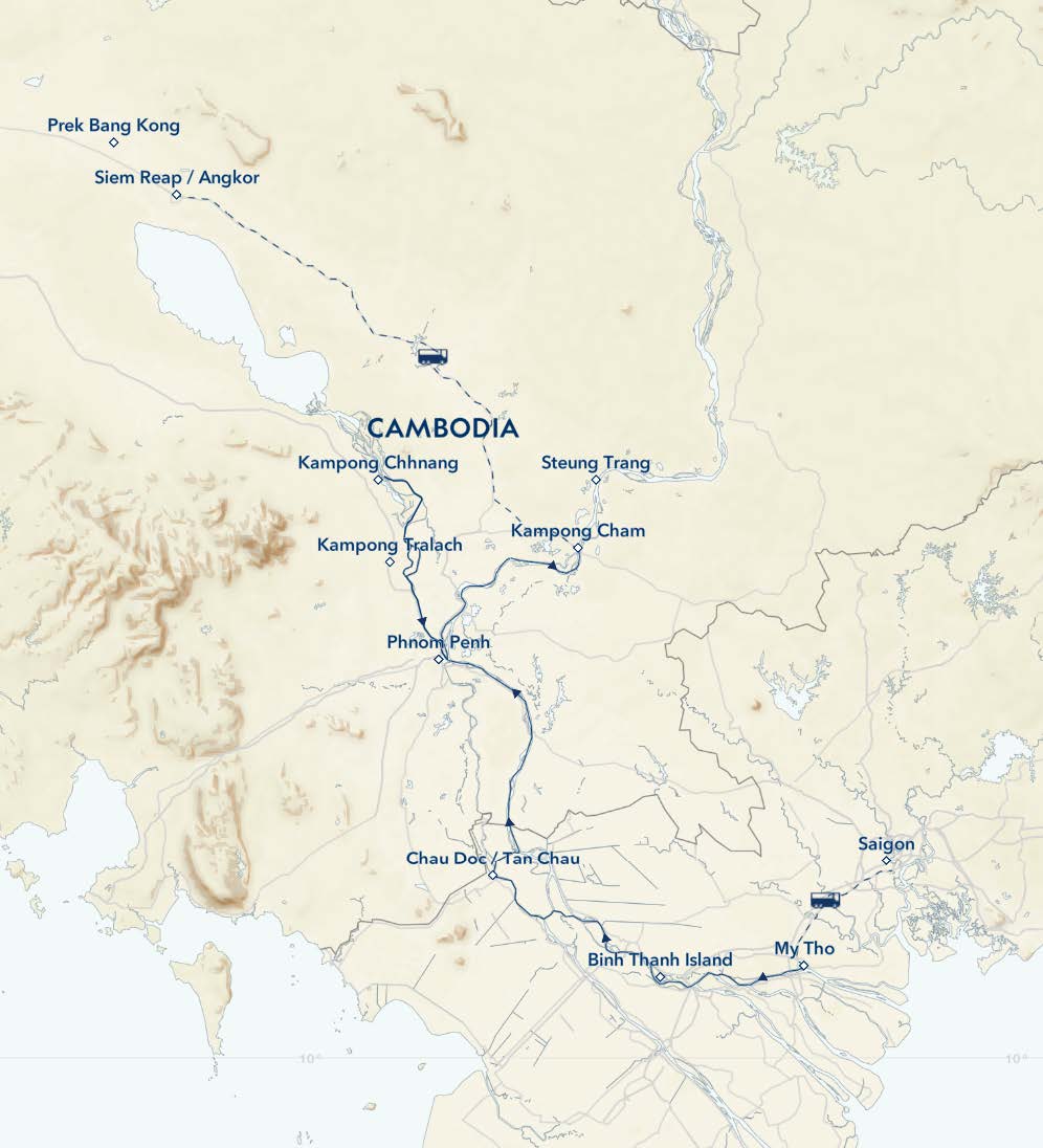 Route map of main & reverse Vietnam & Cambodia: Along The Mekong River, Including Angkor & Saigon Southeast Asia small ship cruise, operating between Siem Reap, Cambodia & Saigon, Vietnam, with visits to Angkor Wat, Kampong Cham, Wat Hanchey or Koh Dach & Angkor Ban, Kampong Chhnang & Kampong Tralach, Phnom Penh, Tan Chau or Chau Doc, Sadec, Cai Be & My Tho.