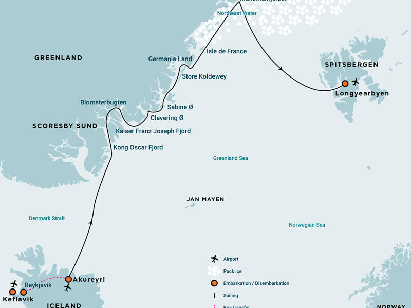 Route map of Northeast Greenland Extreme cruise from Akureyri, Iceland to Longyearbyen, Svalbard via most of the east Greenland coast.