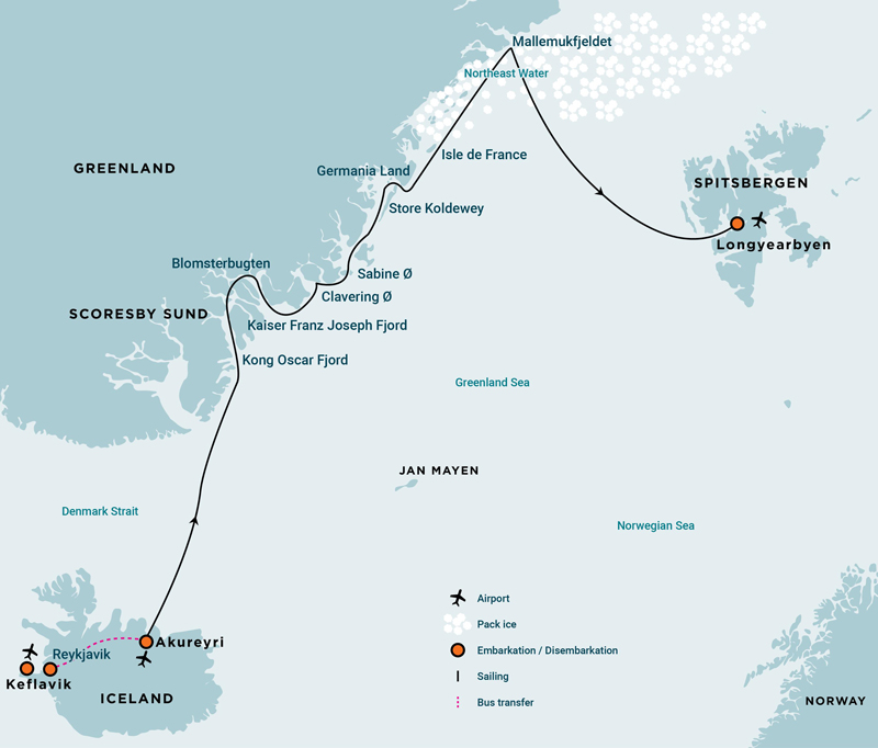 Route map of Northeast Greenland Extreme cruise from Akureyri, Iceland to Longyearbyen, Svalbard via most of the east Greenland coast.