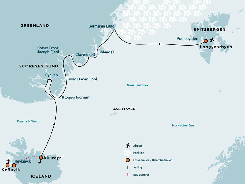 Route map of Northeast Greenland Extreme cruise from Akureyri, Iceland to Longyearbyen, Svalbard via most of the east Greenland coast.