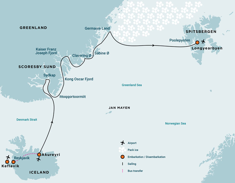 Route map of Northeast Greenland Extreme cruise from Akureyri, Iceland to Longyearbyen, Svalbard via most of the east Greenland coast.