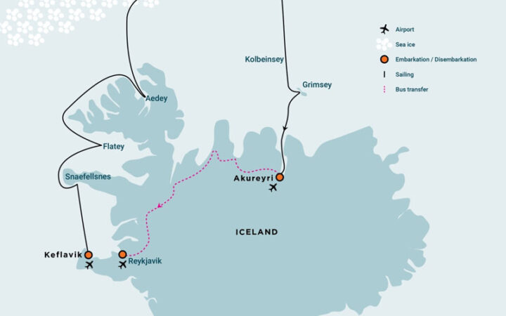 Route map of Northwest Iceland Explorer - Into the Pack Ice cruise from Reykjavik to Akureyri, Iceland, with visits along the Westfjords, the ice edge and Grimsey Island.