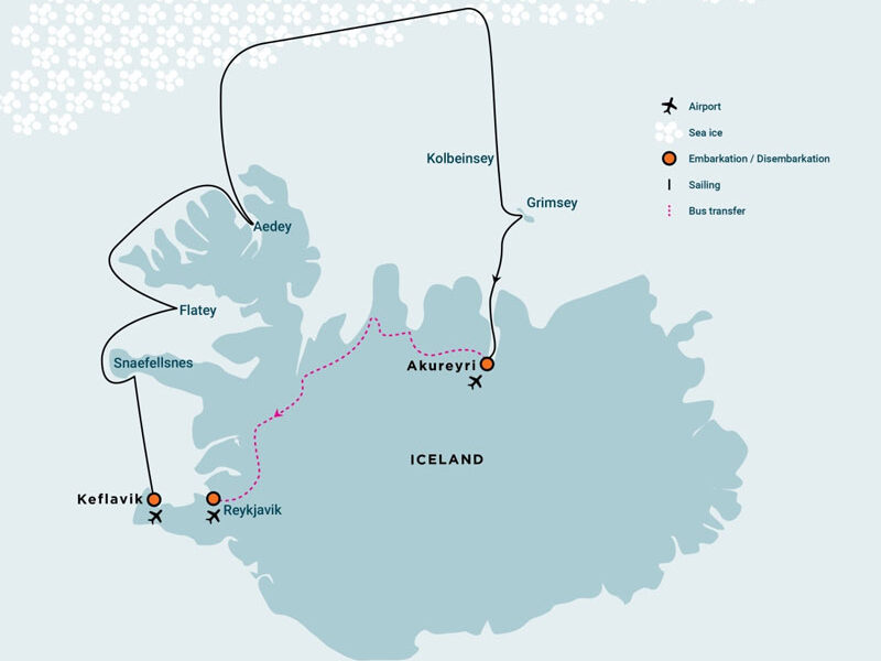 Route map of Northwest Iceland Explorer - Into the Pack Ice cruise from Reykjavik to Akureyri, Iceland, with visits along the Westfjords, the ice edge and Grimsey Island.