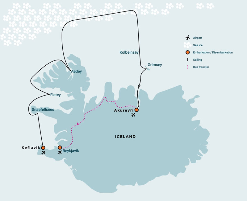 Route map of Northwest Iceland Explorer - Into the Pack Ice cruise from Reykjavik to Akureyri, Iceland, with visits along the Westfjords, the ice edge and Grimsey Island.