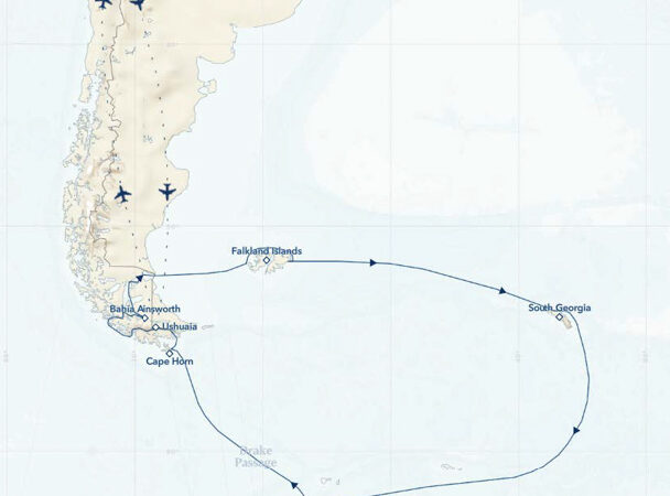 Route map of small ship cruise showing cruising path to and from Patagonia, Falklands, South Georgia & Antarctica