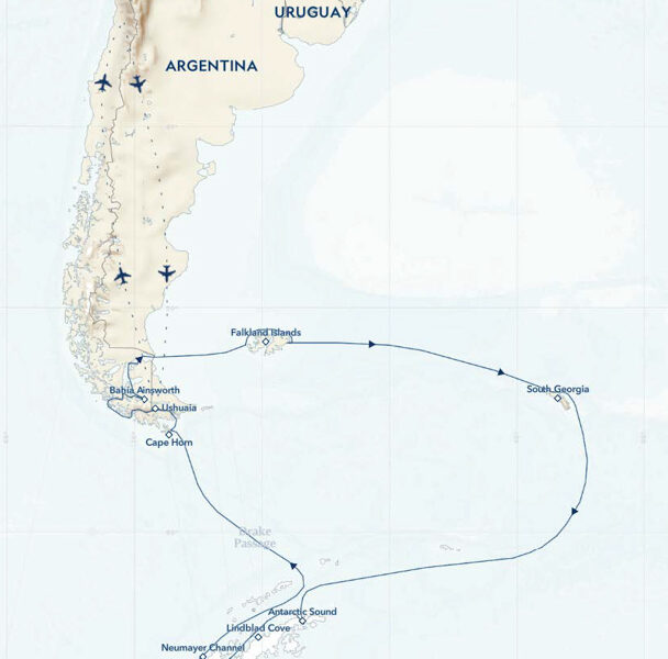 Route map of small ship cruise showing cruising path to and from Patagonia, Falklands, South Georgia & Antarctica