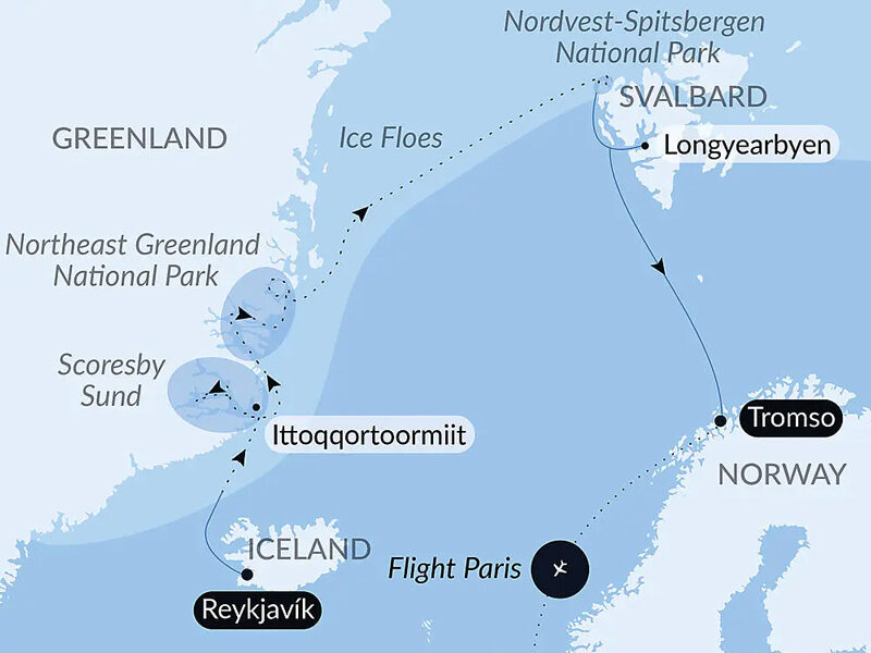 Route map of Polar Odyssey Between Northeast Greenland & Svalbard cruise from Reykjavik, Iceland to east Greenland, west Svalbard & Tromso, Norway, ending with a flight to Paris, France.
