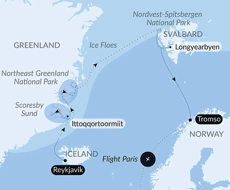 Route map of Polar Odyssey Between Northeast Greenland & Svalbard cruise from Reykjavik, Iceland to east Greenland, west Svalbard & Tromso, Norway, ending with a flight to Paris, France.