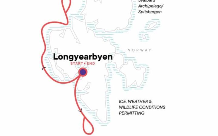 Route map for 8-day Realm of the Polar Bear Arctic small ship cruise, operating round-trip from Longyearbyen, Norway with visits along the western shoreline of Spitsbergen in the Svalbard Archipelago.
