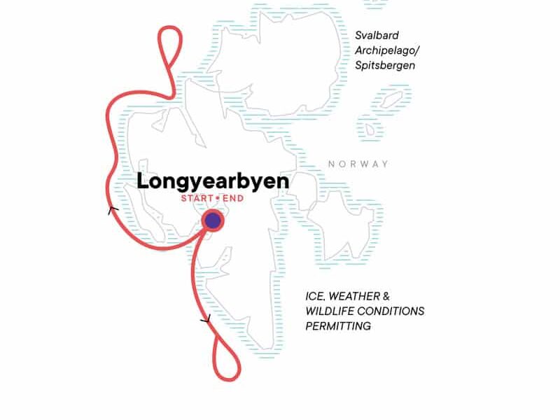 Route map for 8-day Realm of the Polar Bear Arctic small ship cruise, operating round-trip from Longyearbyen, Norway with visits along the western shoreline of Spitsbergen in the Svalbard Archipelago.