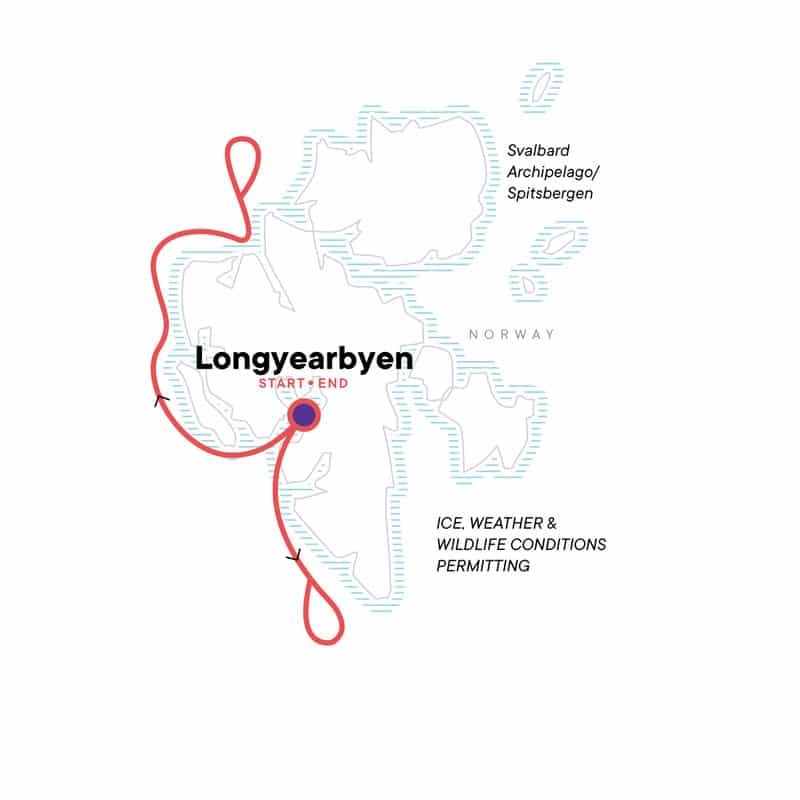 Route map for 8-day Realm of the Polar Bear Arctic small ship cruise, operating round-trip from Longyearbyen, Norway with visits along the western shoreline of Spitsbergen in the Svalbard Archipelago.