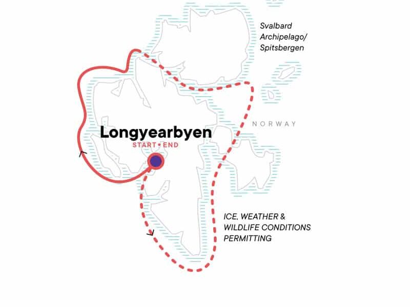 Route map of Realm of the Polar Bear In Depth Arctic small ship cruise, operating round-trip from Longyearbyen, Norway, and attempting a full circumnavigation of Spitsbergen.