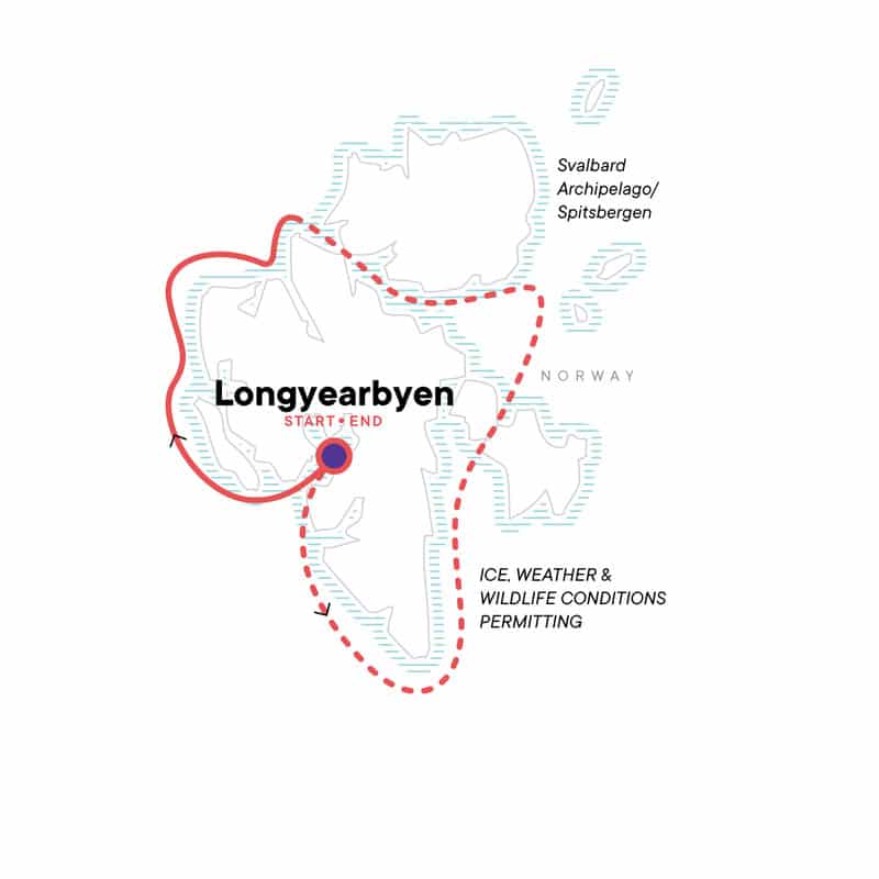 Route map of Realm of the Polar Bear In Depth Arctic small ship cruise, operating round-trip from Longyearbyen, Norway, and attempting a full circumnavigation of Spitsbergen.