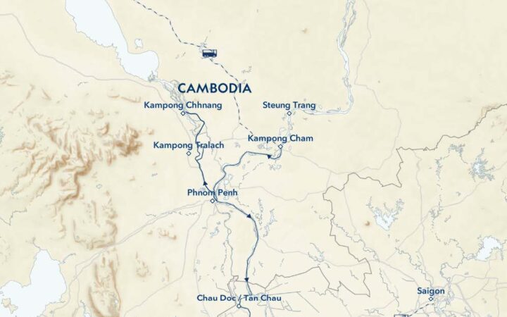 Route map of main & reverse Vietnam & Cambodia: Along The Mekong River, Including Angkor & Saigon Southeast Asia small ship cruise, operating between Siem Reap, Cambodia & Saigon, Vietnam, with visits to Angkor Wat, Kampong Cham, Wat Hanchey or Koh Dach & Angkor Ban, Kampong Chhnang & Kampong Tralach, Phnom Penh, Tan Chau or Chau Doc, Sadec, Cai Be & My Tho.