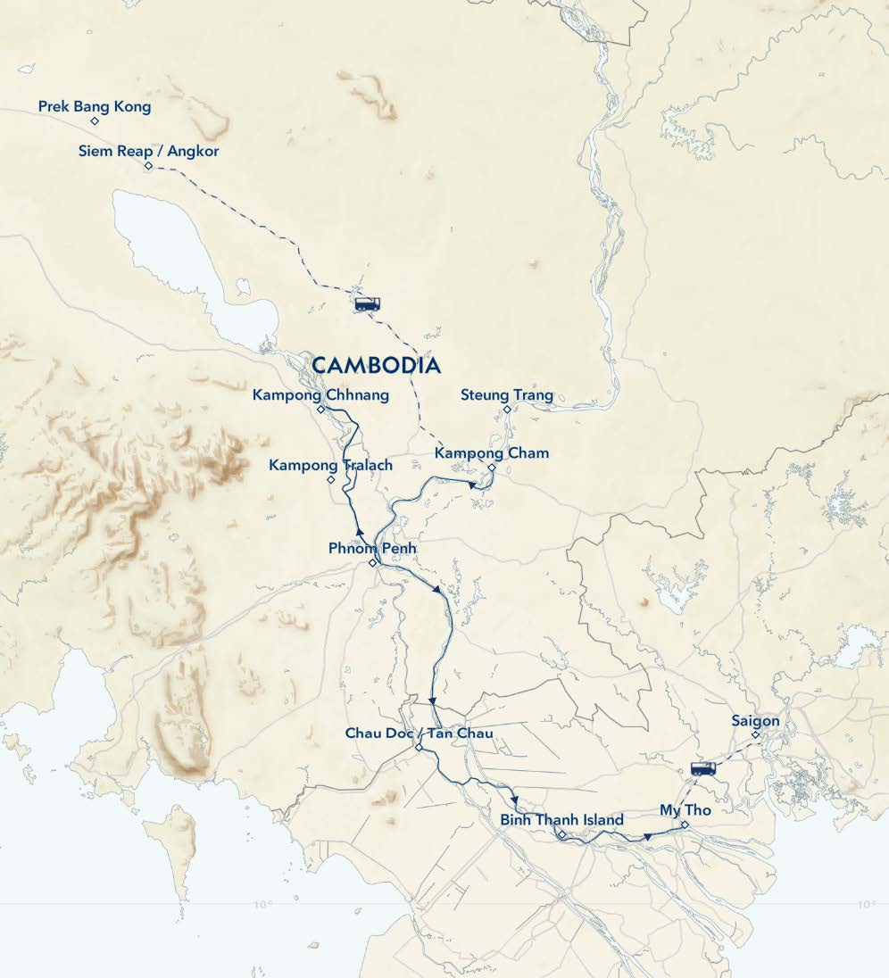 Route map of main & reverse Vietnam & Cambodia: Along The Mekong River, Including Angkor & Saigon Southeast Asia small ship cruise, operating between Siem Reap, Cambodia & Saigon, Vietnam, with visits to Angkor Wat, Kampong Cham, Wat Hanchey or Koh Dach & Angkor Ban, Kampong Chhnang & Kampong Tralach, Phnom Penh, Tan Chau or Chau Doc, Sadec, Cai Be & My Tho.