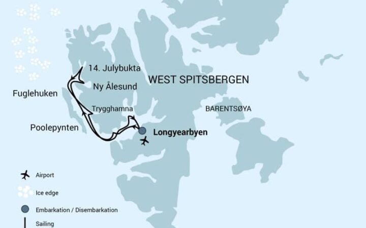 Route map of Sailing Spitsbergen Arctic small ship voyage, operating roundtrip from Longyearbyen, Norway with stops along Spitsbergen's western shores including Trygghamna, Alkhornet, Kongsfjorden, Krossfjorden, Prins Karls Forland, Poolepynten, Isfjorden, Ymerbukta, Ekmanfjorden & Gipsvika.