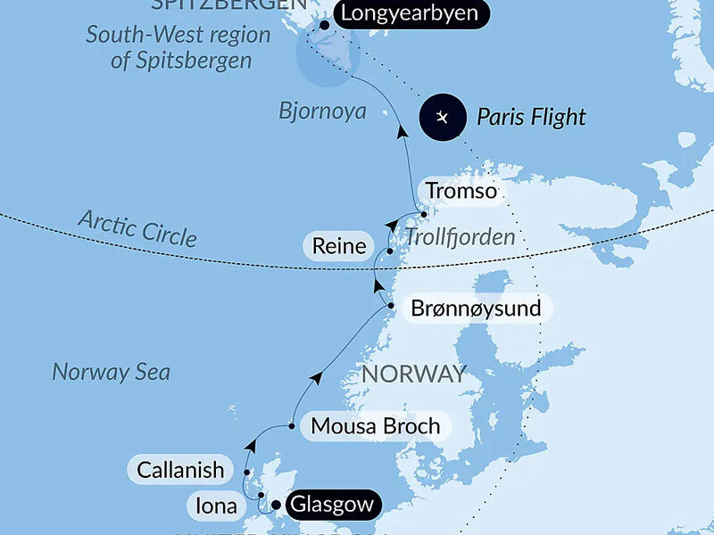 Route map of 2027 From Scotland to Spitsbergen cruise, with visits to northern Norway en route and a flight to end in Paris, France.