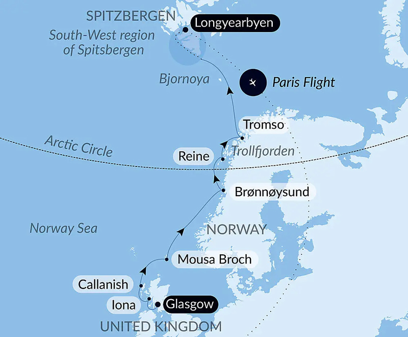 Route map of 2027 From Scotland to Spitsbergen cruise, with visits to northern Norway en route and a flight to end in Paris, France.