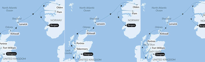 Route map of northbound Scottish Isles & Norwegian Fjords Voyage with Smithsonian Journeys from Glasgow, Scotland to Bergen, Norway with visits to Norway's Olden & Gudvangen or Flam & Scotland's Lerwick, Kirkwall, Portree & Fort William or Tobermory.