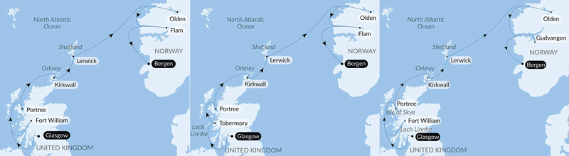 Route map of northbound Scottish Isles & Norwegian Fjords Voyage with Smithsonian Journeys from Glasgow, Scotland to Bergen, Norway with visits to Norway's Olden & Gudvangen or Flam & Scotland's Lerwick, Kirkwall, Portree & Fort William or Tobermory.