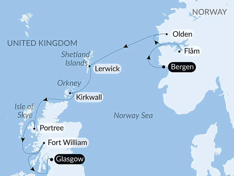 Route map of southbound Scottish Isles & Norwegian Fjords Voyage with Smithsonian Journeys from Bergen, Norway to Glasgow, Scotland with visits to Norway's Olden & Flam & Scotland's Lerwick, Kirkwall, Portree & Fort William.