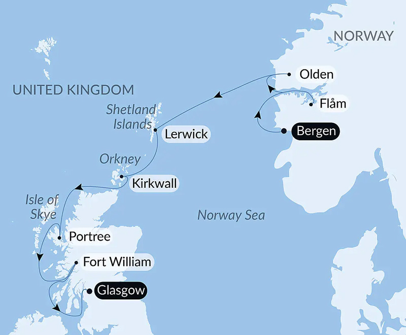 Route map of southbound Scottish Isles & Norwegian Fjords Voyage with Smithsonian Journeys from Bergen, Norway to Glasgow, Scotland with visits to Norway's Olden & Flam & Scotland's Lerwick, Kirkwall, Portree & Fort William.
