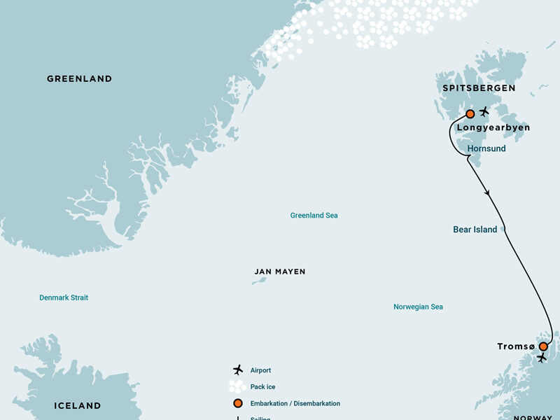 Route map of South Spitsbergen, Bear Island & Mainland Norway - Aurora Borealis cruise from Longyearbyen, Svalbard to Tromso, Norway.