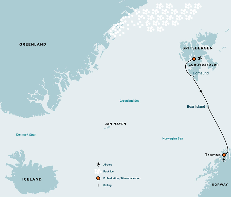 Route map of South Spitsbergen, Bear Island & Mainland Norway - Aurora Borealis cruise from Longyearbyen, Svalbard to Tromso, Norway.
