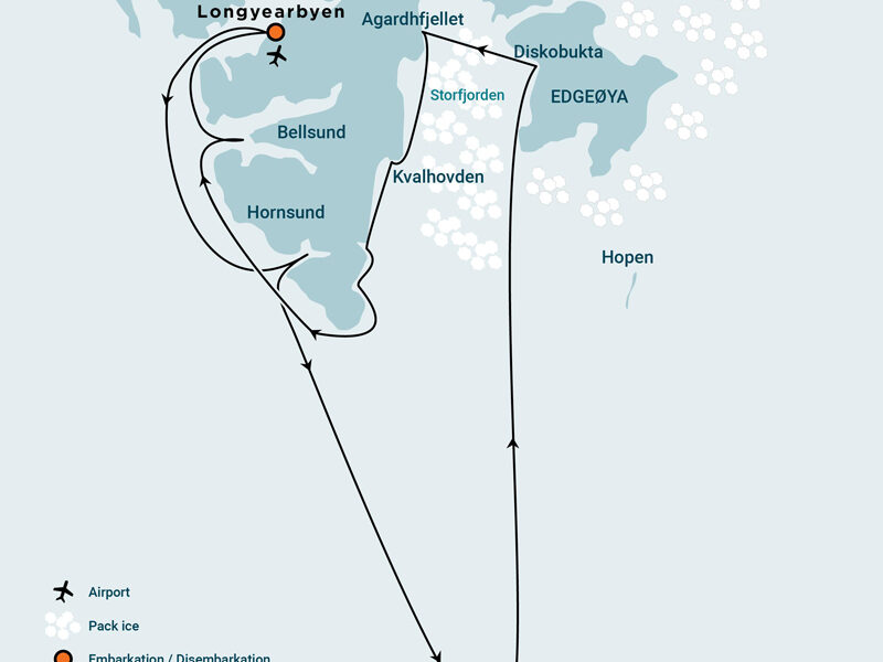 Route map of South Spitsbergen Explorer - Bear Island - Diving cruise round-trip from Longyearbyen, Svalbard with visits along the southern shore.