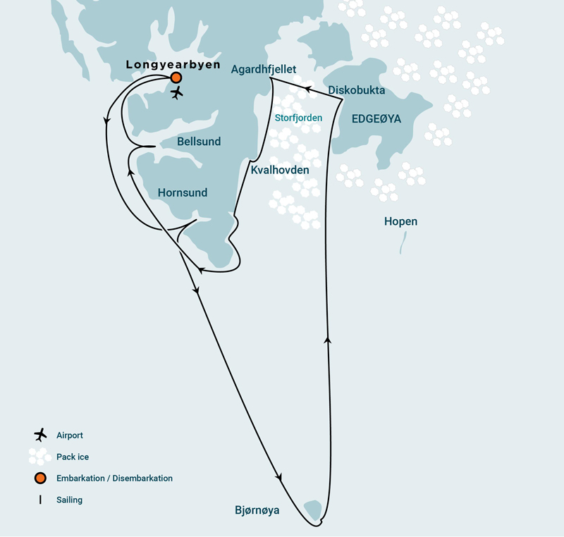 Route map of South Spitsbergen Explorer - Bear Island - Diving cruise round-trip from Longyearbyen, Svalbard with visits along the southern shore.