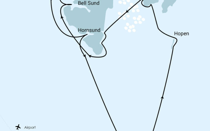 Route map of South Spitsbergen Explorer cruise round-trip from Longyearbyen, Svalbard, with visits along the southern shores, Bear Island & Hopen.