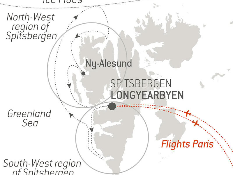 Route map of southbound Fjords & Glaciers of Spitsbergen Arctic voyage round-trip from Longyearbyen, Svalbard with bookend flights connecting to Paris, France.