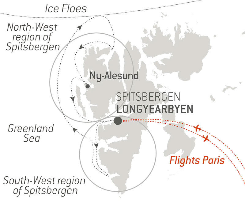 Route map of southbound Fjords & Glaciers of Spitsbergen Arctic voyage round-trip from Longyearbyen, Svalbard with bookend flights connecting to Paris, France.