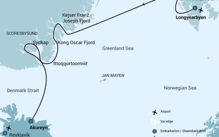 Route map of Spitsbergen - Northeast Greenland Arctic cruise, from Akureyri, Iceland, to Longyearbyen- Norway, with visits to the Scoresby Sund, Kong Oscar & Kejser Franz Joseph Fjords.