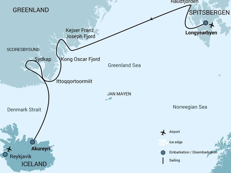 Route map of Spitsbergen - Northeast Greenland Arctic cruise, from Akureyri, Iceland, to Longyearbyen- Norway, with visits to the Scoresby Sund, Kong Oscar & Kejser Franz Joseph Fjords.