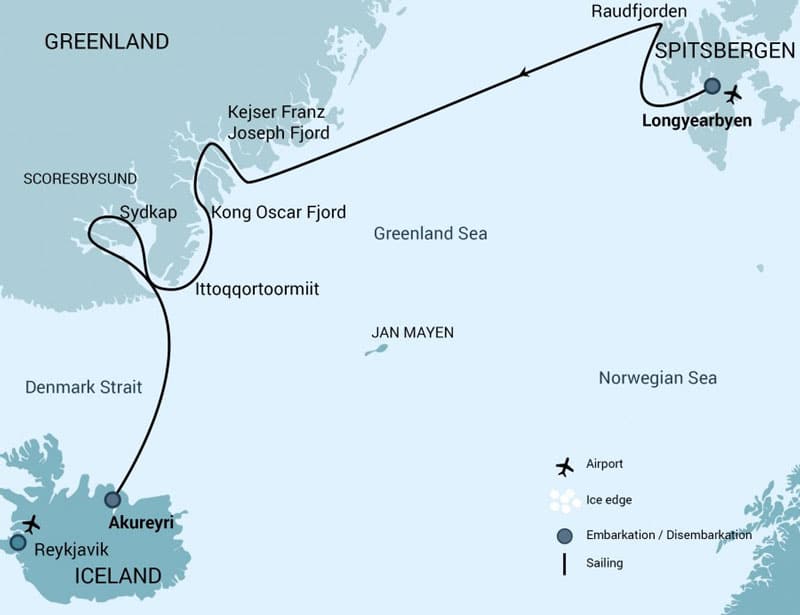 Route map of Spitsbergen - Northeast Greenland Arctic cruise, from Akureyri, Iceland, to Longyearbyen- Norway, with visits to the Scoresby Sund, Kong Oscar & Kejser Franz Joseph Fjords.