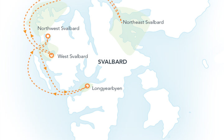 Route map of Svalbard Express cruise, round-trip from Longyearbyen with visits along the northern shoreline & Nordaustlandet.
