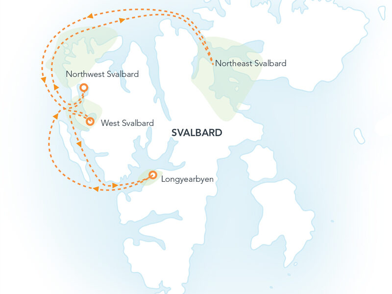 Route map of Svalbard Express cruise, round-trip from Longyearbyen with visits along the northern shoreline & Nordaustlandet.