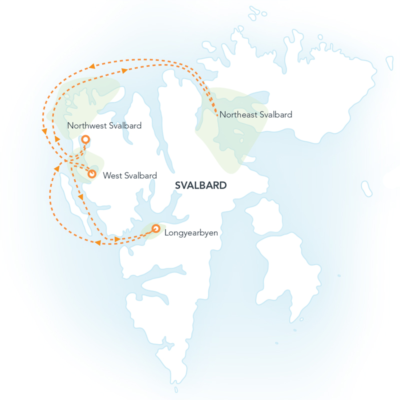 Route map of Svalbard Express cruise, round-trip from Longyearbyen with visits along the northern shoreline & Nordaustlandet.