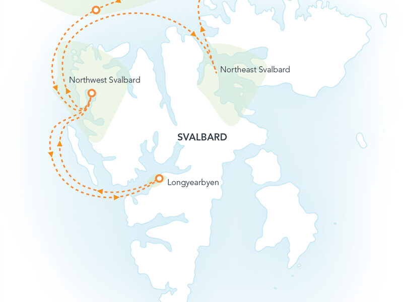 Route map of Svalbard: North to the Midnight Sun cruise, round-trip from Longyearbyen with visits along the northern shoreline, pack ice & Nordaustlandet.