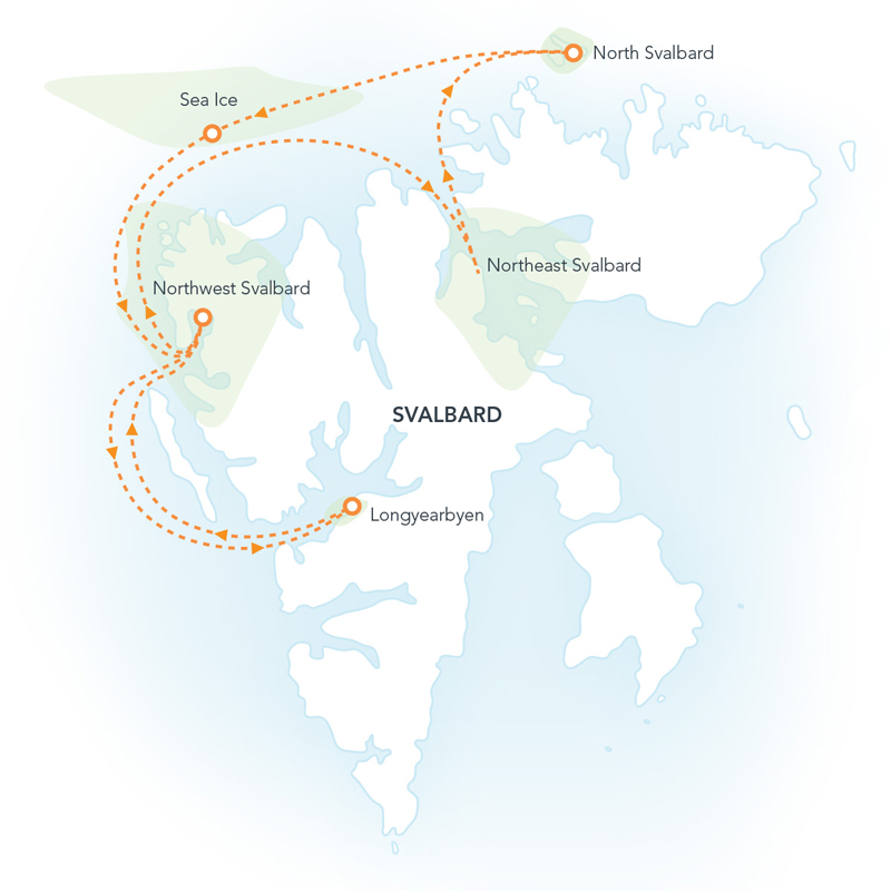 Route map of Svalbard: North to the Midnight Sun cruise, round-trip from Longyearbyen with visits along the northern shoreline, pack ice & Nordaustlandet.