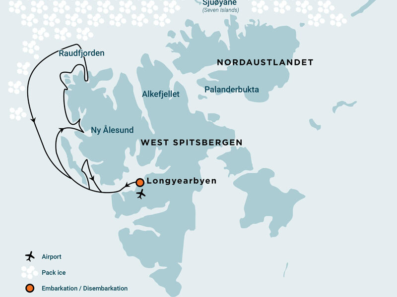 Route map of A Taste of North Spitsbergen cruise, round-trip from Longyearbyen with visits along northwest Svalbard & pack ice.