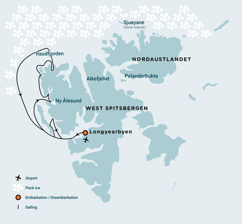 Route map of A Taste of North Spitsbergen cruise, round-trip from Longyearbyen with visits along northwest Svalbard & pack ice.