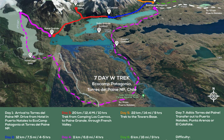 Route map of 7-day Torres del Paine W Trek, round-trip from EcoCamp in Patagonia, with visits to Los Cuernos, French Valley, Glacier Grey, Towers Base, Sarmiento Lake & Laguna Azul.