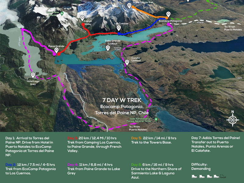 Route map of 7-day Torres del Paine W Trek, round-trip from EcoCamp in Patagonia, with visits to Los Cuernos, French Valley, Glacier Grey, Towers Base, Sarmiento Lake & Laguna Azul.