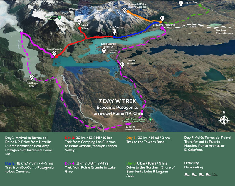 Route map of 7-day Torres del Paine W Trek, round-trip from EcoCamp in Patagonia, with visits to Los Cuernos, French Valley, Glacier Grey, Towers Base, Sarmiento Lake & Laguna Azul.