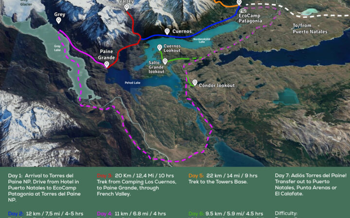 Route map of 7-day Torres del Paine W Trek, round-trip from EcoCamp in Patagonia, with visits to Los Cuernos, French Valley, Glacier Grey, Towers Base, Salto Grande Waterfall, Cuernos & Condor lookouts.