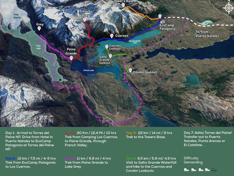 Route map of 7-day Torres del Paine W Trek, round-trip from EcoCamp in Patagonia, with visits to Los Cuernos, French Valley, Glacier Grey, Towers Base, Salto Grande Waterfall, Cuernos & Condor lookouts.