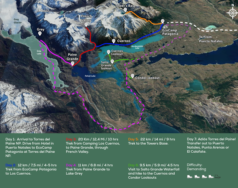 Route map of 7-day Torres del Paine W Trek, round-trip from EcoCamp in Patagonia, with visits to Los Cuernos, French Valley, Glacier Grey, Towers Base, Salto Grande Waterfall, Cuernos & Condor lookouts.